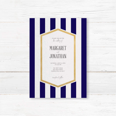 Wedding invitation with navy blue stripes, gold border, and modern white center panel with serif and handwritten fonts
