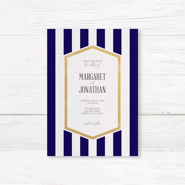 Wedding invitation with navy blue stripes, gold border, and modern white center panel with serif and handwritten fonts