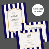 Wedding invitation with navy blue stripes, gold border, and modern white center panel with serif and handwritten fonts Invite, RSVP and Details