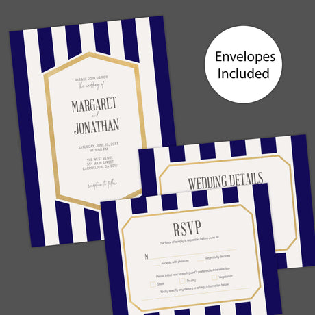 Wedding invitation with navy blue stripes, gold border, and modern white center panel with serif and handwritten fonts Invite, RSVP and Details