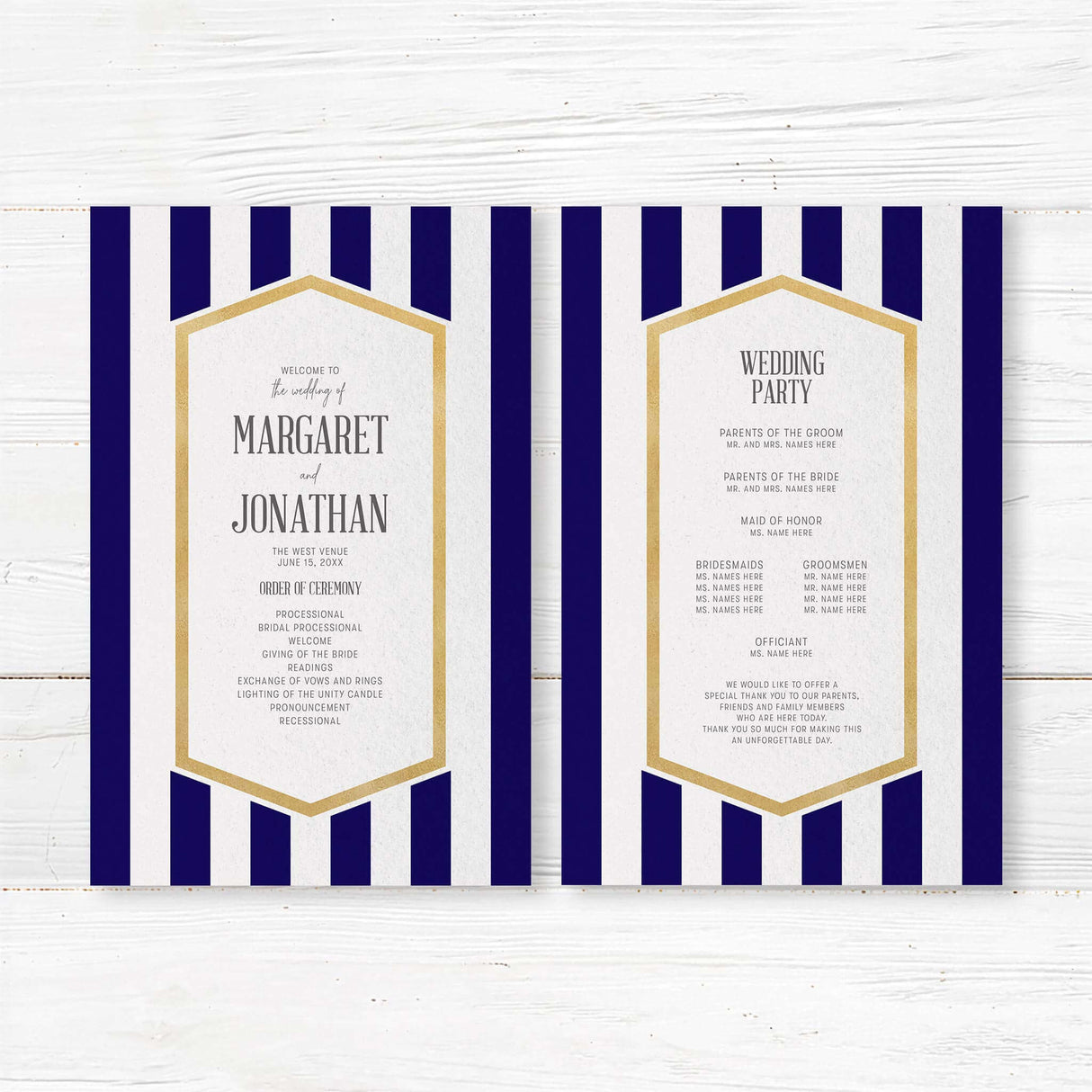 Wedding program with navy blue stripes, gold border, and white panel for ceremony details