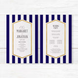 Wedding program with navy blue stripes, gold border, and white panel for ceremony details