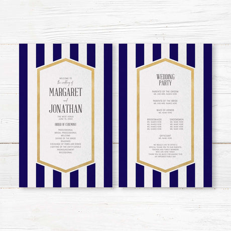 Wedding program with navy blue stripes, gold border, and white panel for ceremony details