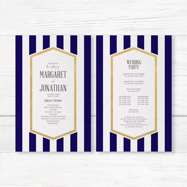 Wedding program with navy blue stripes, gold border, and white panel for ceremony details