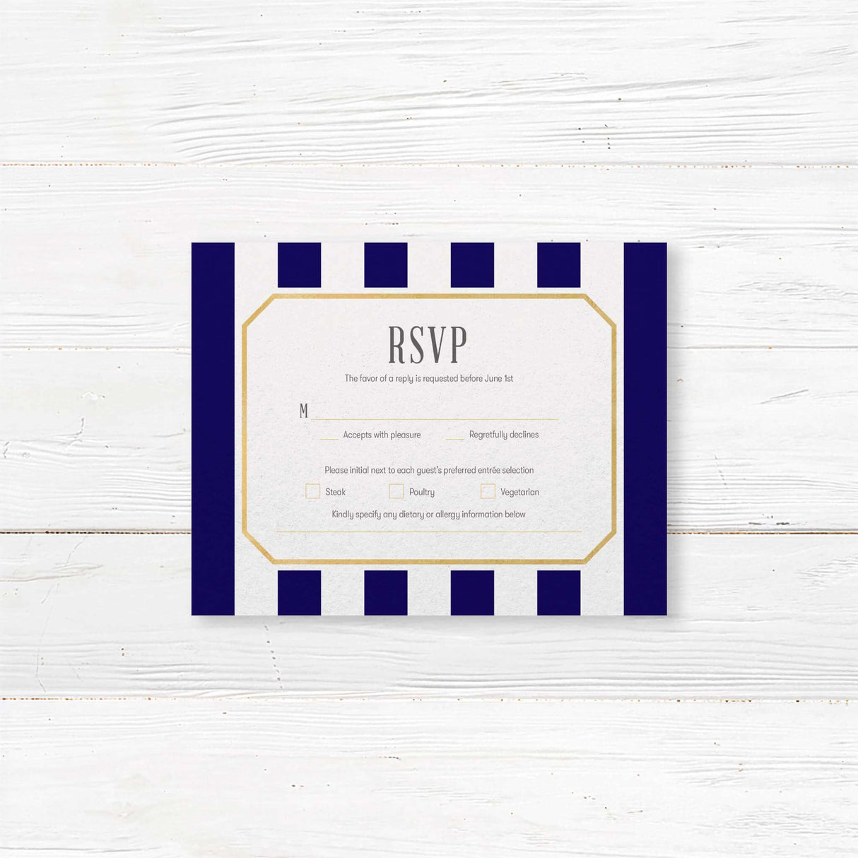Navy and gold RSVP card with white background and serif text