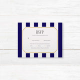 Navy and gold RSVP card with white background and serif text