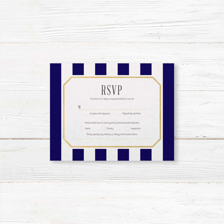 Navy and gold RSVP card with white background and serif text