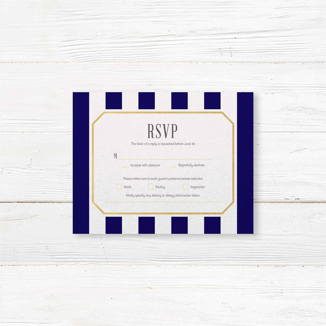 Navy and gold RSVP card with white background and serif text