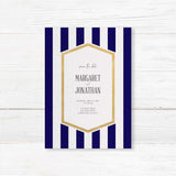 Save the Date card with navy stripes, gold border, and elegant modern font styling