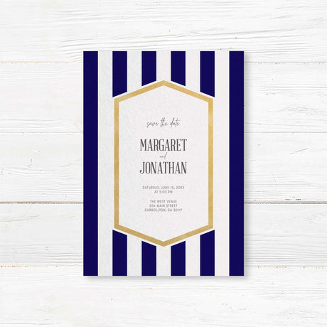 Save the Date card with navy stripes, gold border, and elegant modern font styling