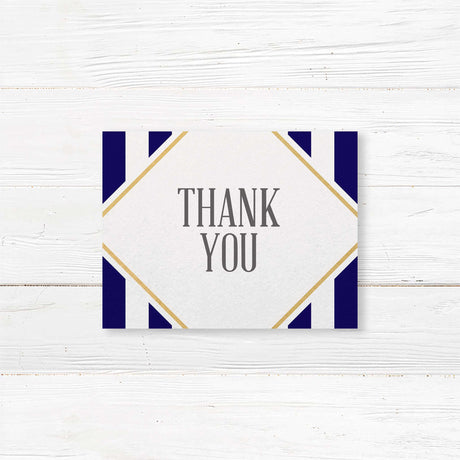 Thank you card with navy stripes, gold frame, and white center panel for handwritten notes