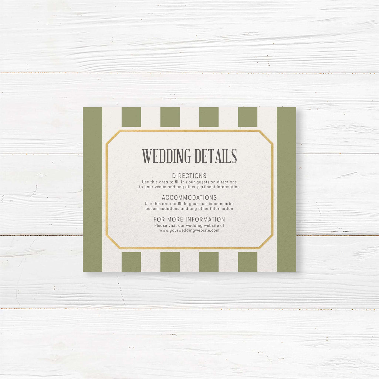 Detail card with sage green vertical stripes, gold border, and white text area