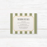 Detail card with sage green vertical stripes, gold border, and white text area