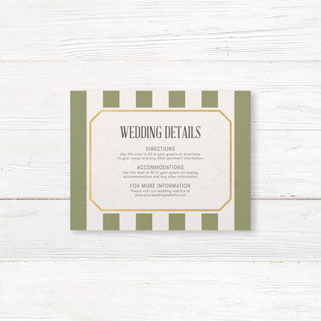 Detail card with sage green vertical stripes, gold border, and white text area