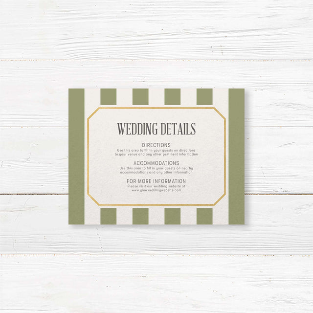 Detail card with sage green vertical stripes, gold border, and white text area