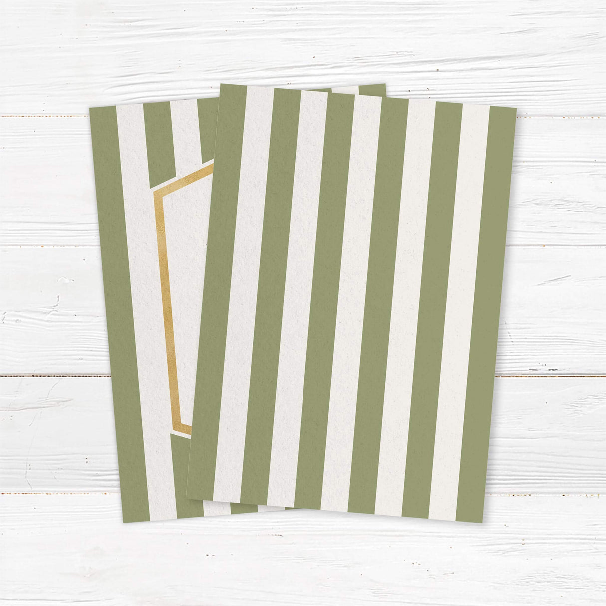 Wedding invitation with sage green vertical stripes, gold border, and white panel with modern fonts - back side