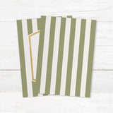 Wedding invitation with sage green vertical stripes, gold border, and white panel with modern fonts - back side