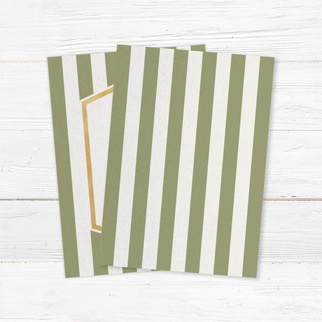 Wedding invitation with sage green vertical stripes, gold border, and white panel with modern fonts - back side