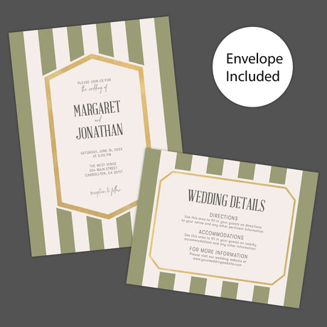 Wedding invitation with sage green vertical stripes, gold border, and white panel with modern fonts - Invite and Details