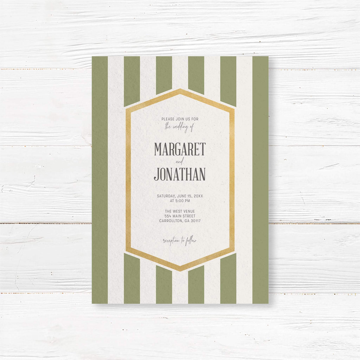 Wedding invitation with sage green vertical stripes, gold border, and white panel with modern fonts