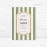 Wedding invitation with sage green vertical stripes, gold border, and white panel with modern fonts