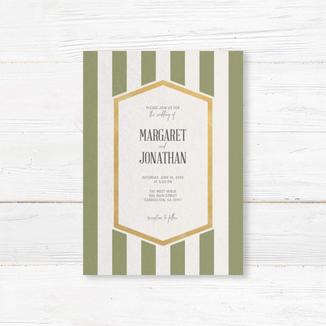 Wedding invitation with sage green vertical stripes, gold border, and white panel with modern fonts