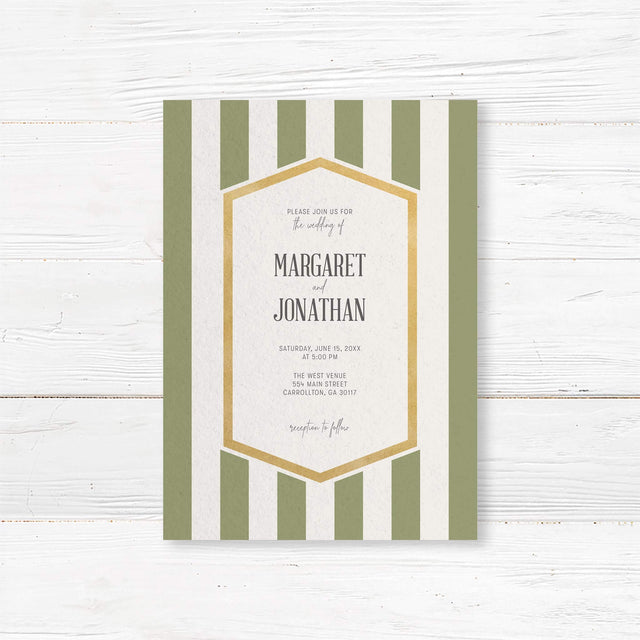 Wedding invitation with sage green vertical stripes, gold border, and white panel with modern fonts