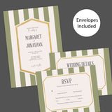 Wedding invitation with sage green vertical stripes, gold border, and white panel with modern fonts - Invite, RSVP and Details
