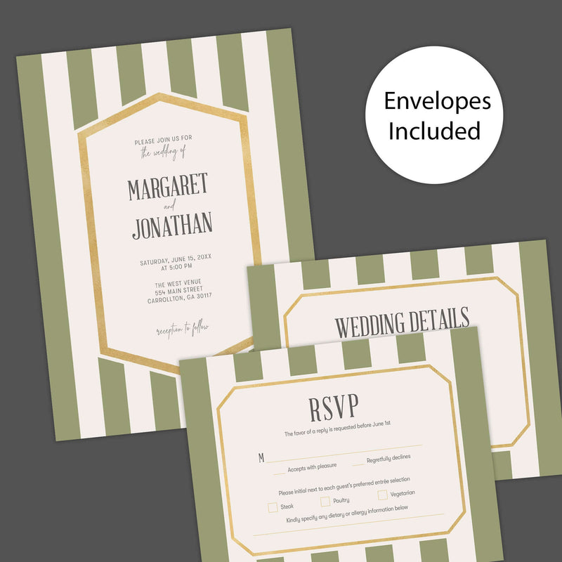 Wedding invitation with sage green vertical stripes, gold border, and white panel with modern fonts - Invite, RSVP and Details