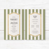 Wedding program with sage green stripes, gold frame, and white panel