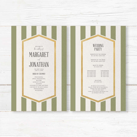 Wedding program with sage green stripes, gold frame, and white panel