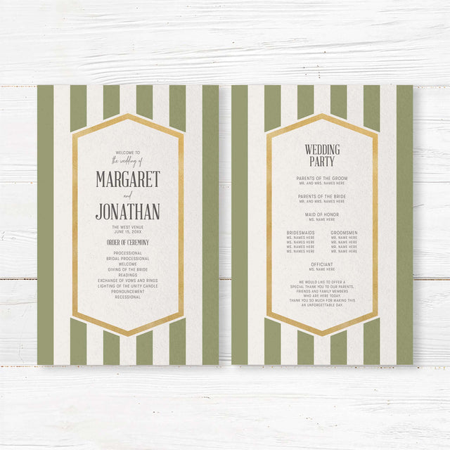 Wedding program with sage green stripes, gold frame, and white panel