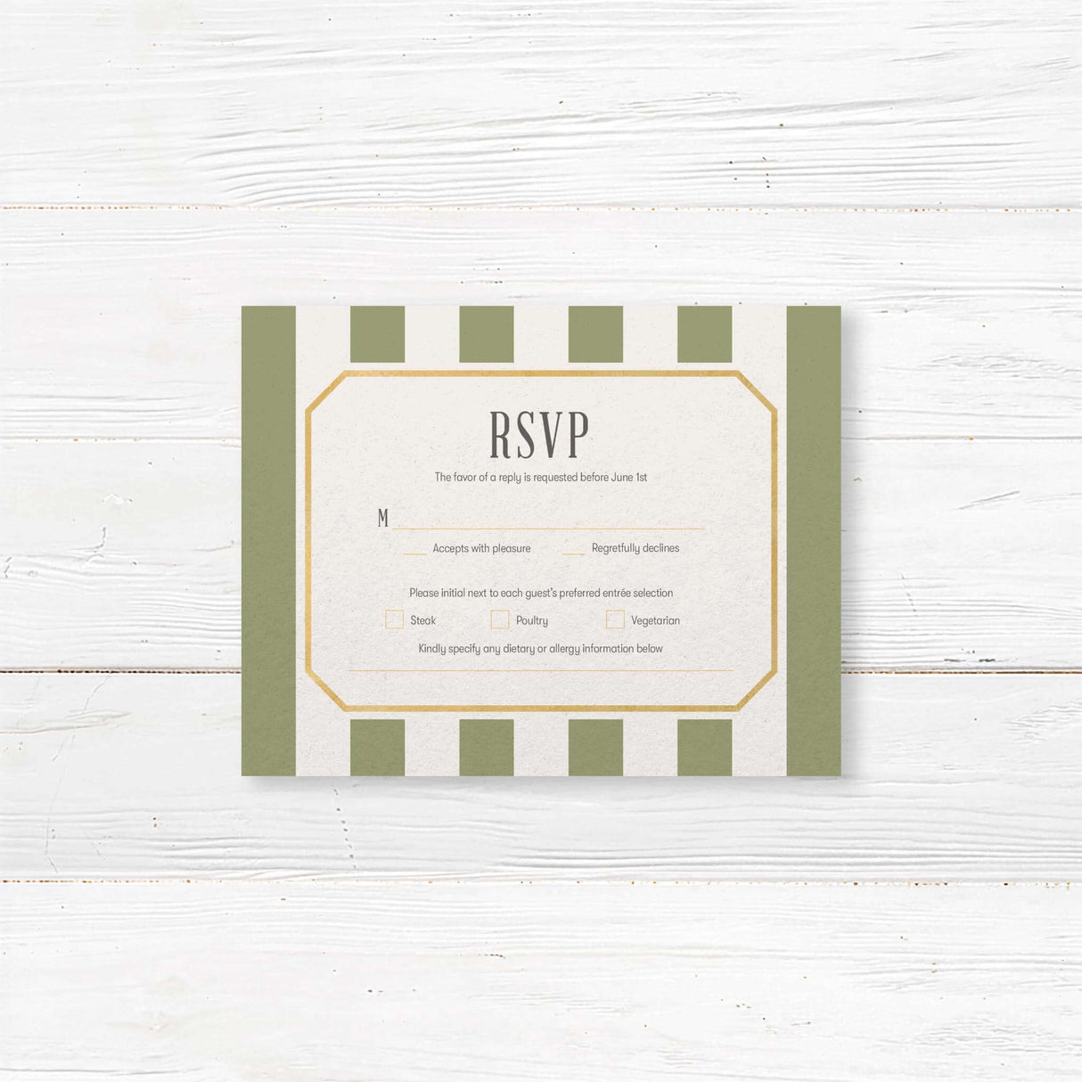 Sage green RSVP card with gold frame and white center panel