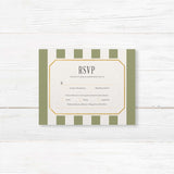 Sage green RSVP card with gold frame and white center panel