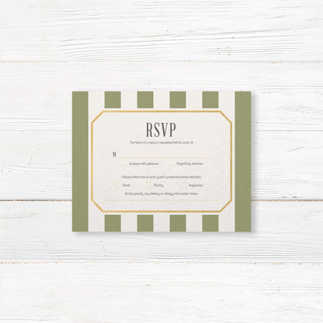 Sage green RSVP card with gold frame and white center panel