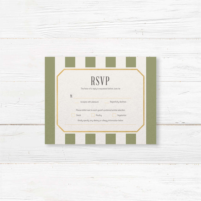 Sage green RSVP card with gold frame and white center panel