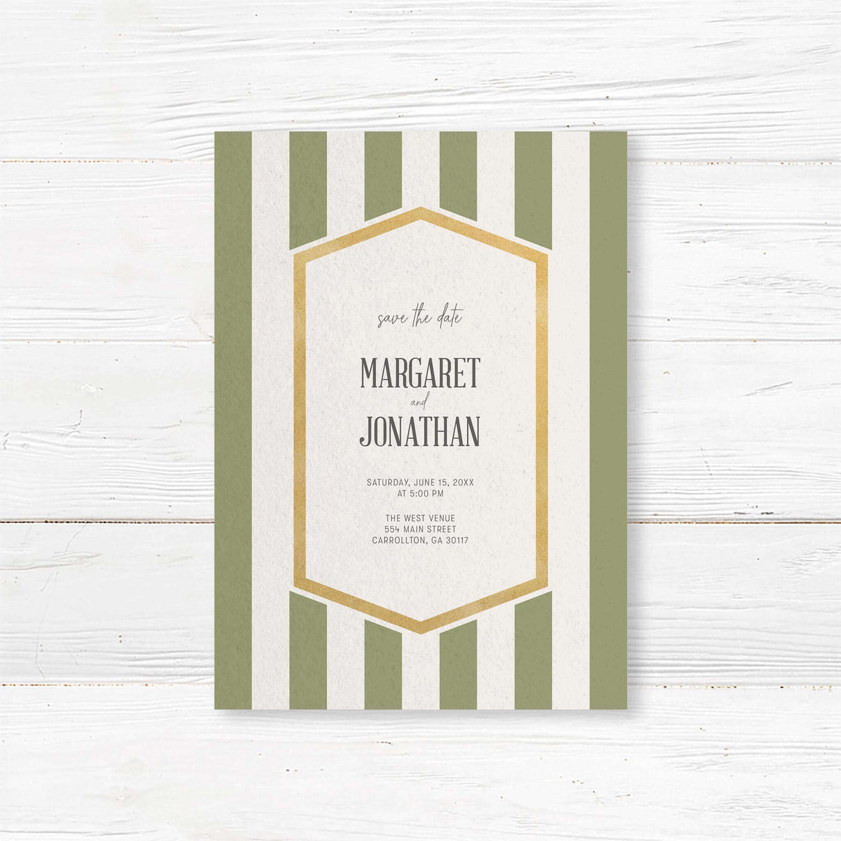 Save the Date card with sage green stripes, gold border, and modern fonts on white panel