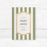 Save the Date card with sage green stripes, gold border, and modern fonts on white panel