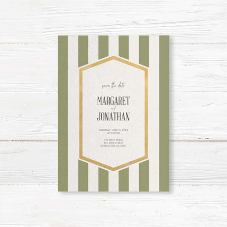 Save the Date card with sage green stripes, gold border, and modern fonts on white panel