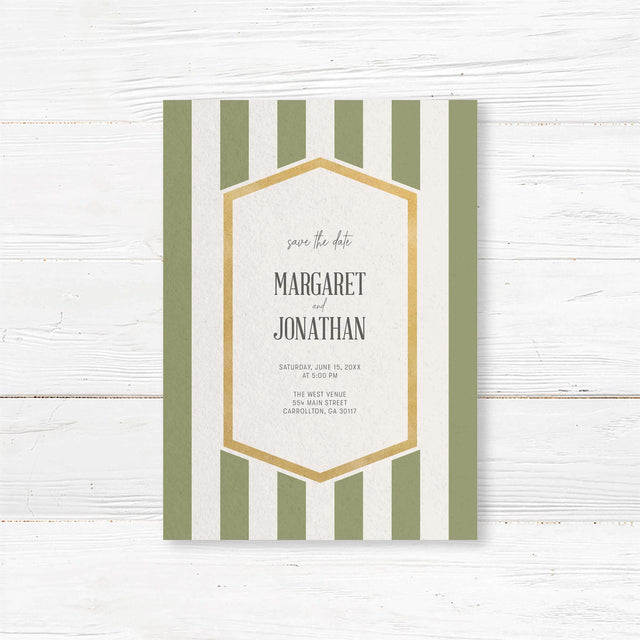 Save the Date card with sage green stripes, gold border, and modern fonts on white panel