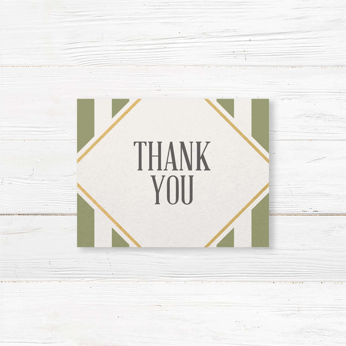 Thank you card with sage green stripes, gold border, and modern fonts on white panel