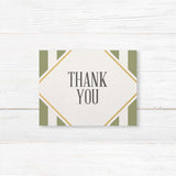 Thank you card with sage green stripes, gold border, and modern fonts on white panel