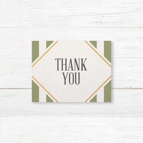 Thank you card with sage green stripes, gold border, and modern fonts on white panel