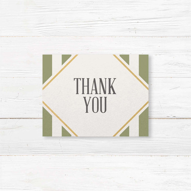 Thank you card with sage green stripes, gold border, and modern fonts on white panel