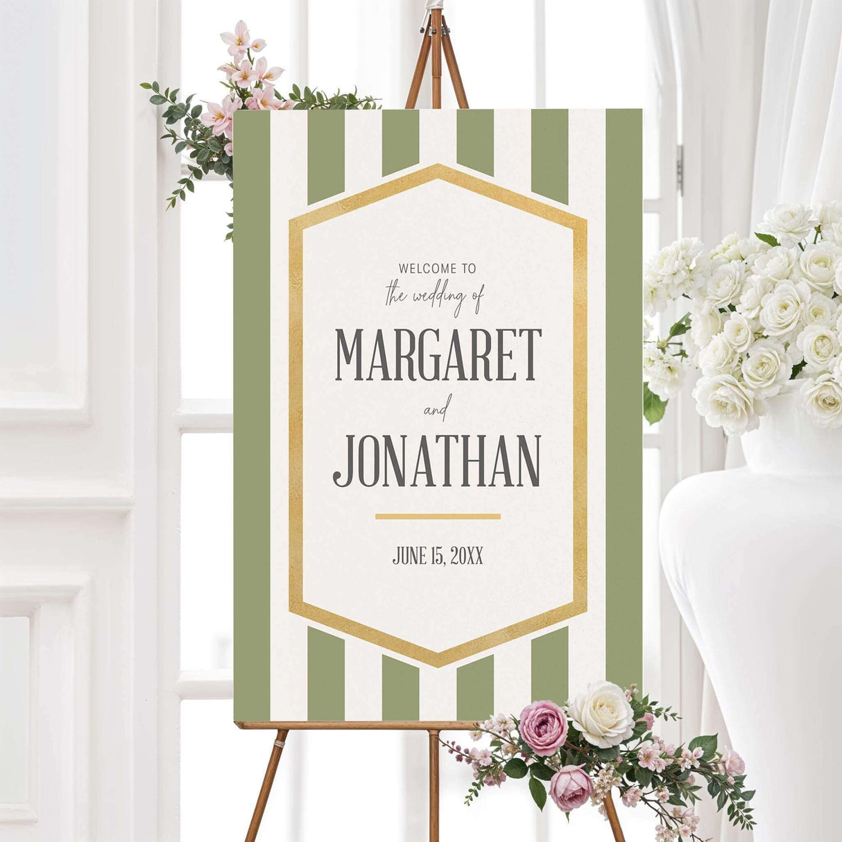 Sage green striped wedding welcome sign with gold border and white center