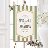 Sage green striped wedding welcome sign with gold border and white center