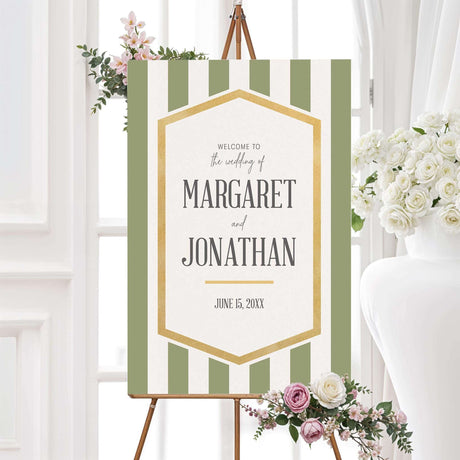 Sage green striped wedding welcome sign with gold border and white center