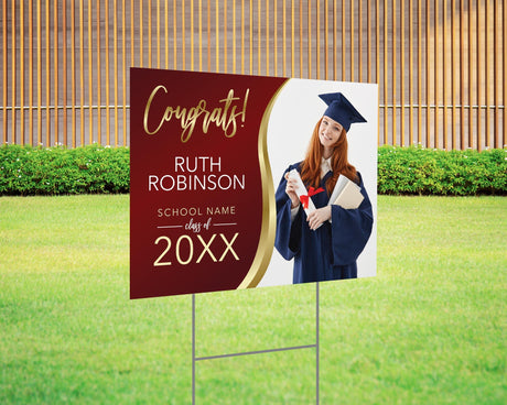 Custom graduation yard sign with a photo, featuring a luxurious maroon and gold design, personalized graduate’s name, class year, and school name. Printed on durable Coreplast plastic, available in custom colors and single or double-sided print, perfect for high school and college graduates.