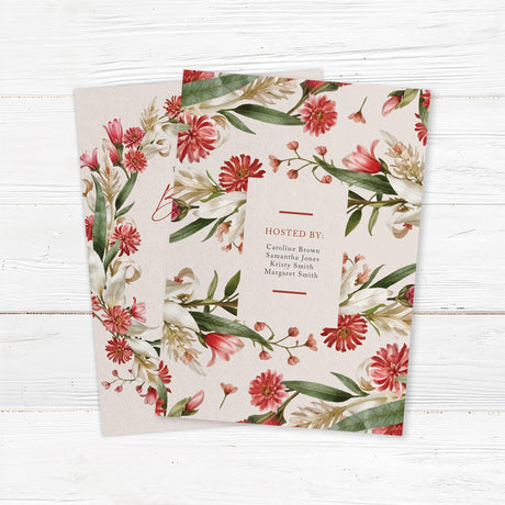 Elegant bridal shower invitation with a red, blush, and beige watercolor floral wreath, printed on premium cardstock.Back