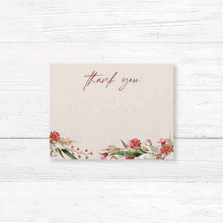 Bridal shower thank-you card with a red, blush, and beige floral wreath, printed on premium cardstock.